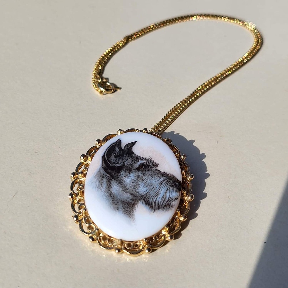 Vintage Glass Dog Pendant Necklace Brooch Gold Tone Scottie Schnauzer
